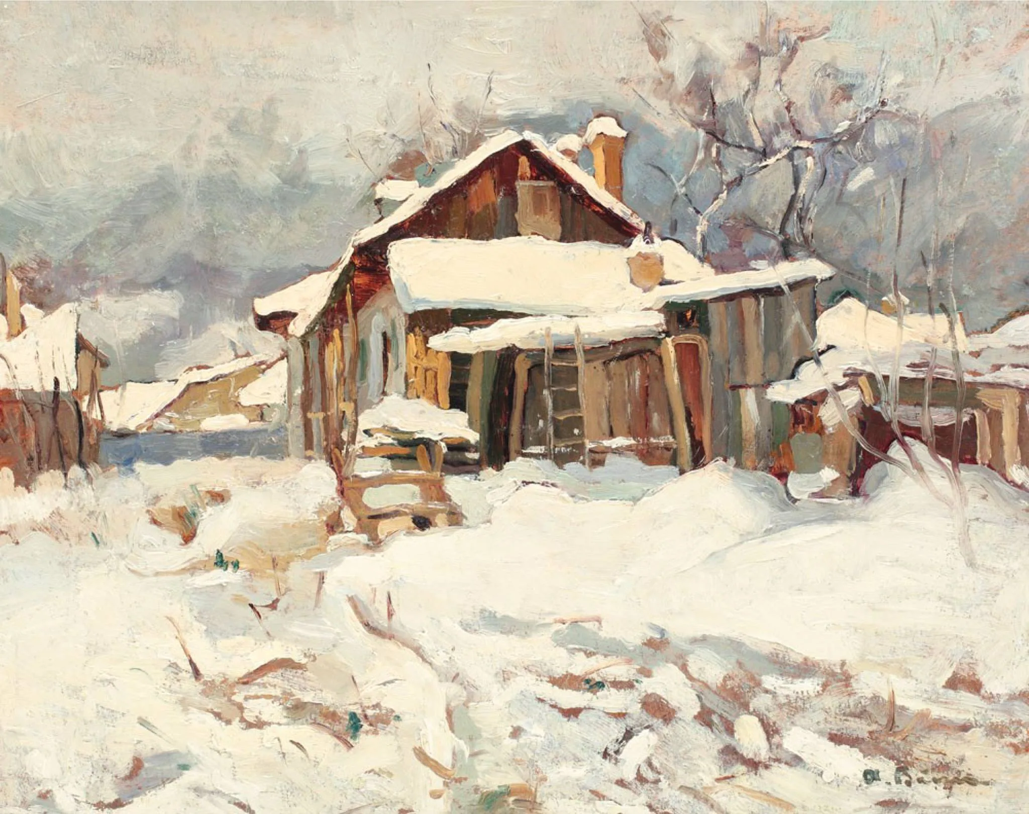 A suburban house in Iași, a painting by Aurel Băeșu: a timber house under snow