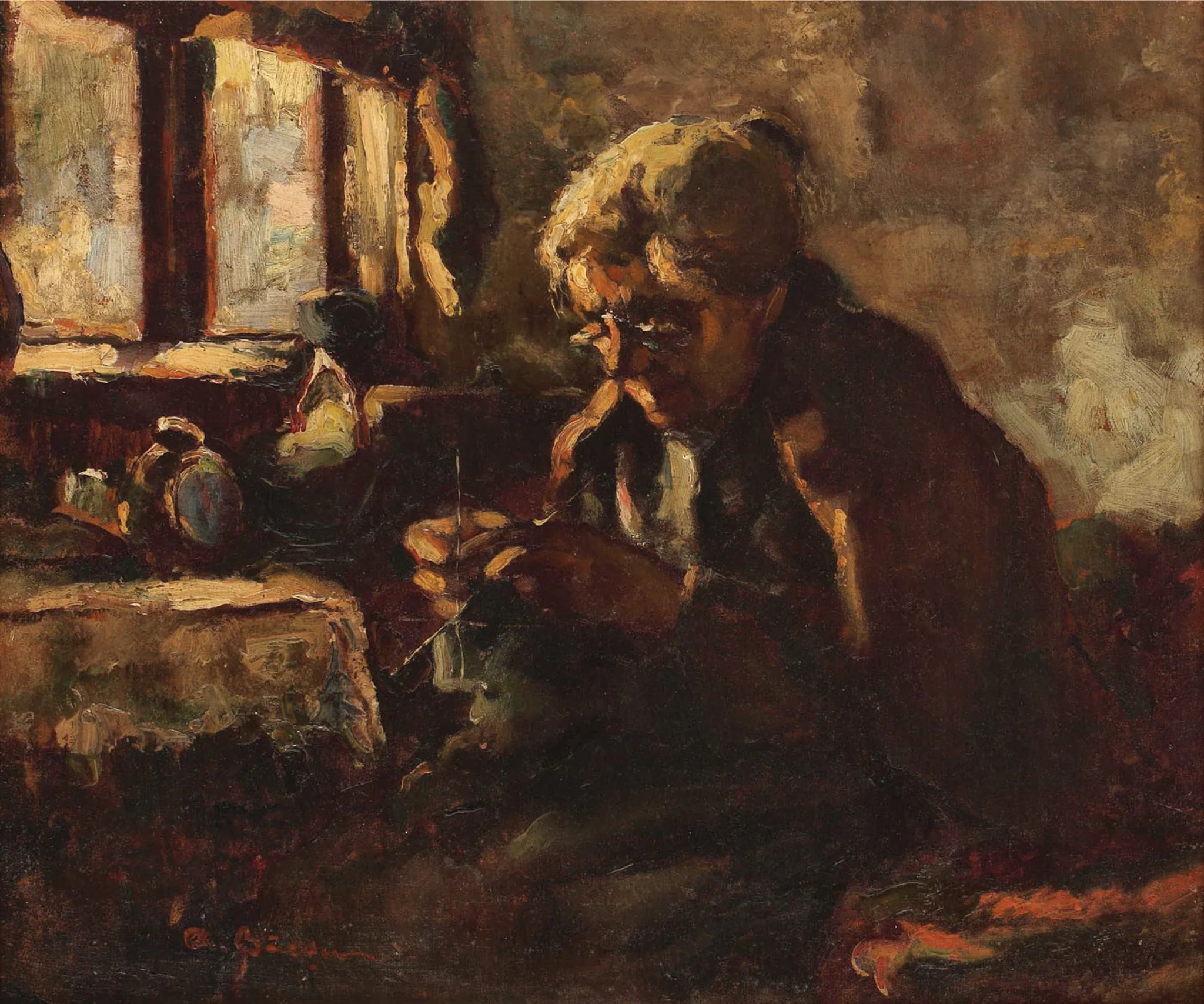Morning light, a painting by Aurel Băeșu: a man by a window in warm light