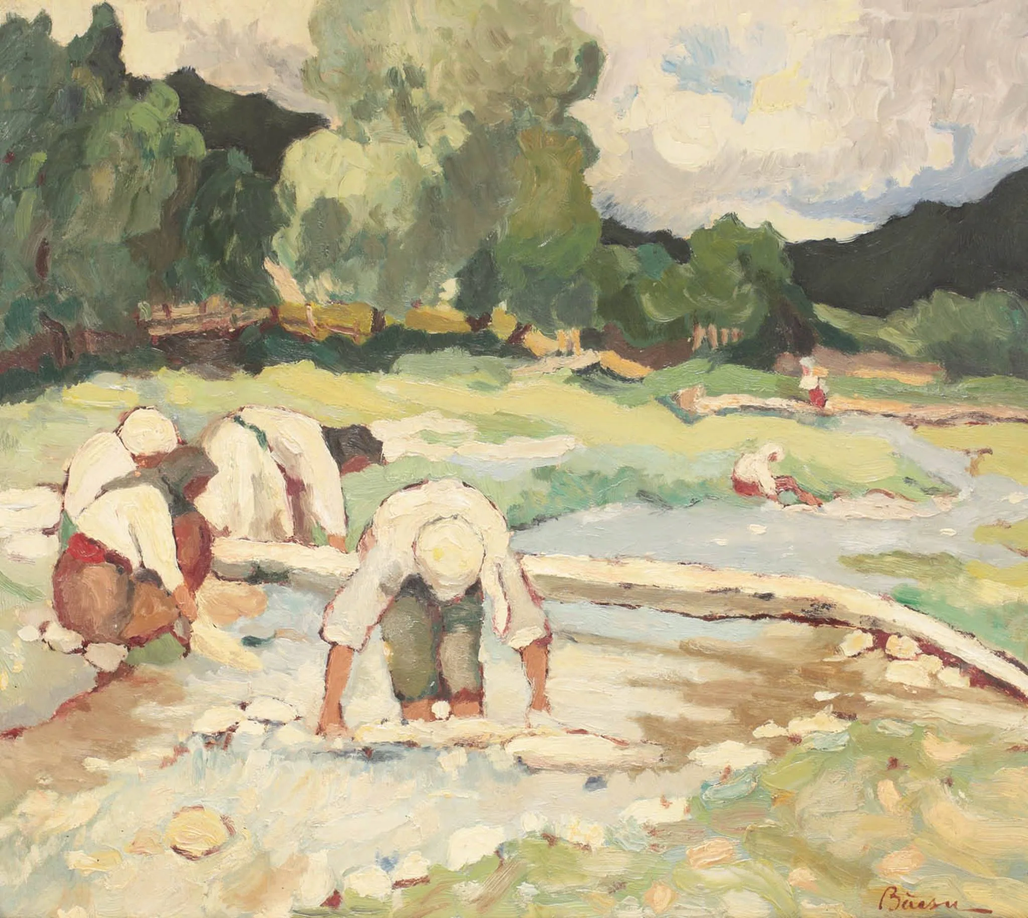 At the bleaching, a painting by Aurel Băeșu: women bending at the water's edge in a summer landscape