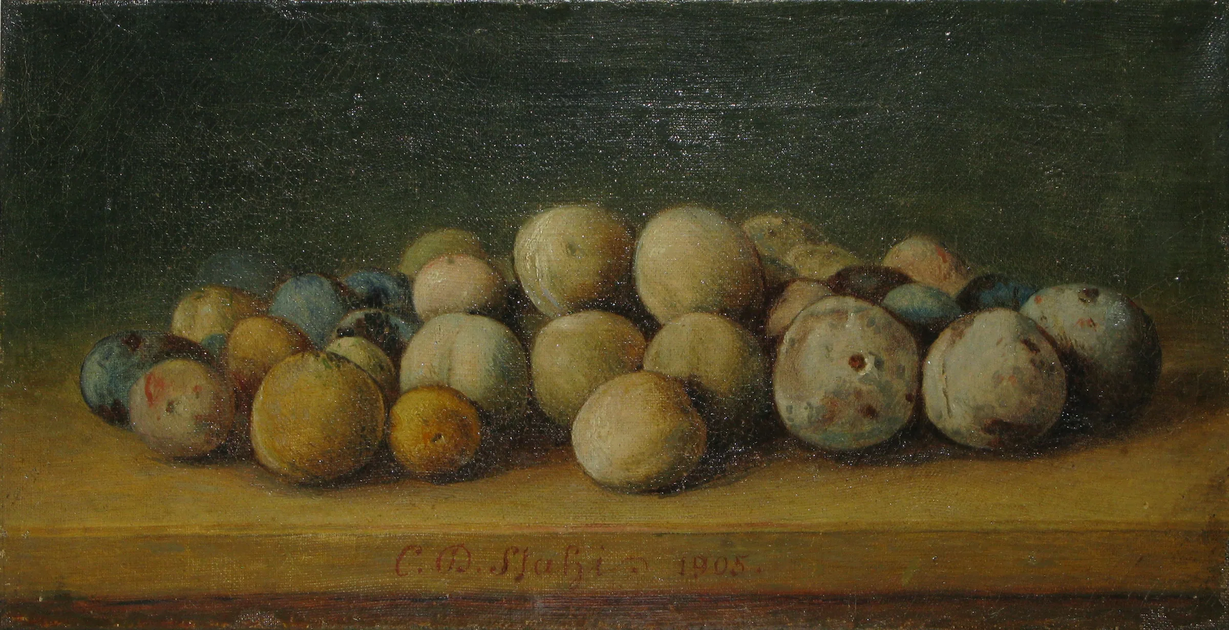 Plums on the edge of a table, a painting by Constantin Daniel Stahi