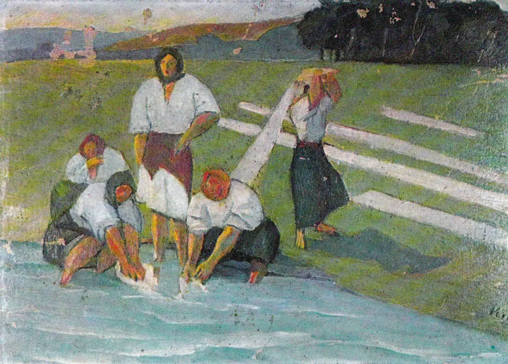 Women bleaching linen, a painting by Lascăr Vorel