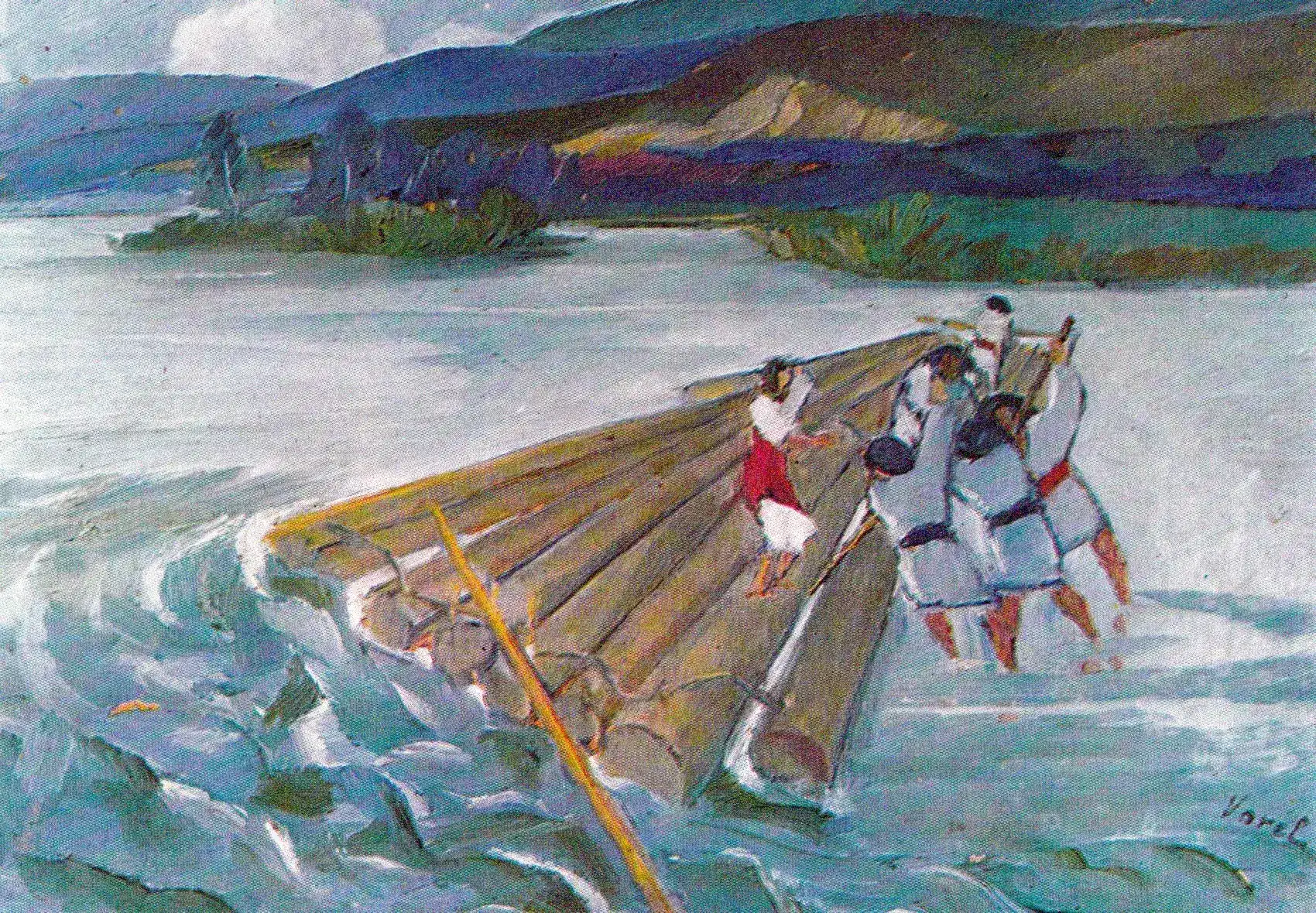 Timber rafters on the Bistrița, a painting by Lascăr Vorel: six figures on a log raft in a watery landscape