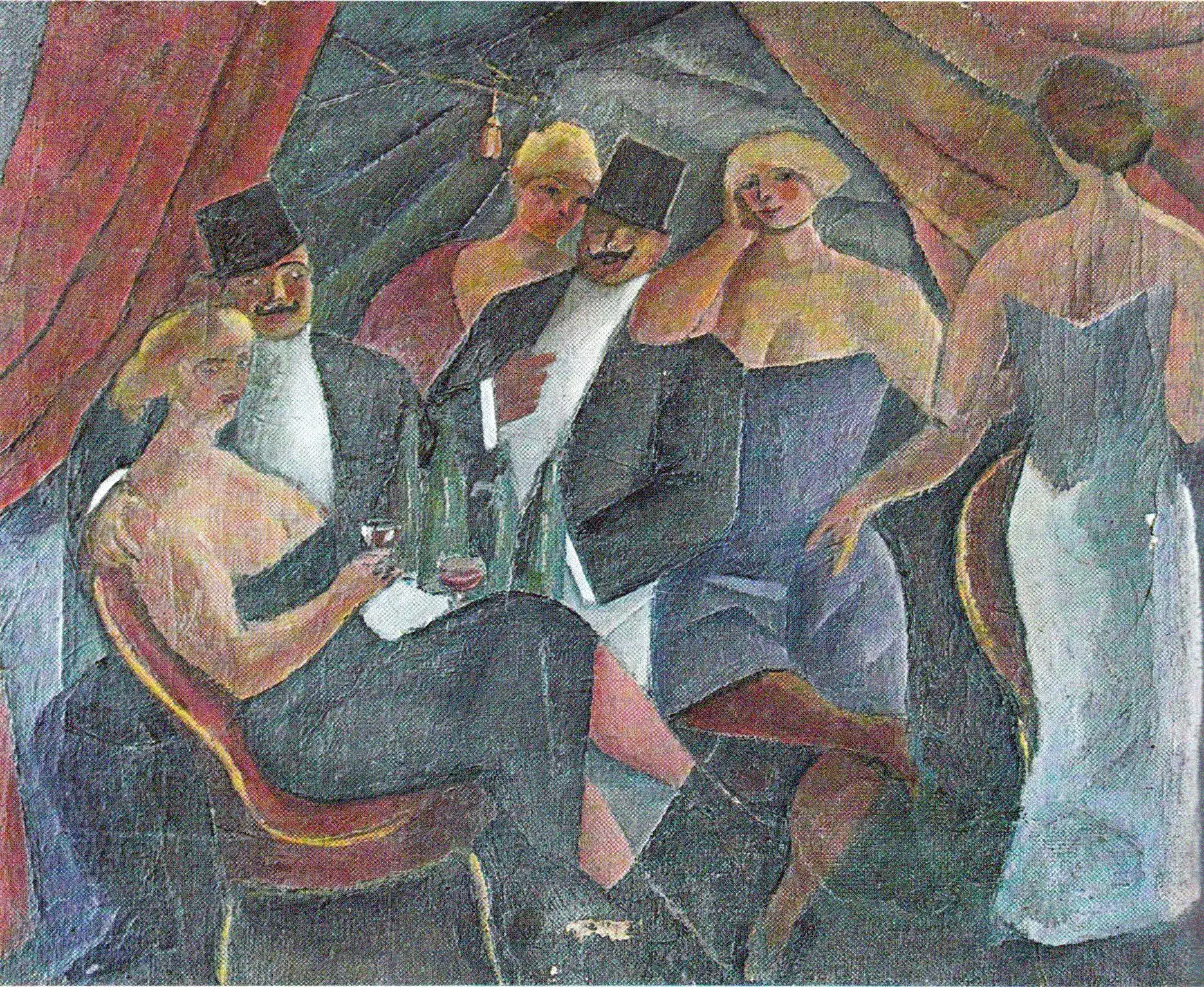In the private booth, a painting by Lascăr Vorel: fashionably dressed figures around a table